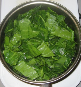 Place the coarsely chopped Collard Greens in the pot over the broth mixture