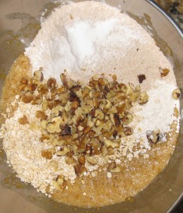 Add all of the dry ingredients to the banana mixture