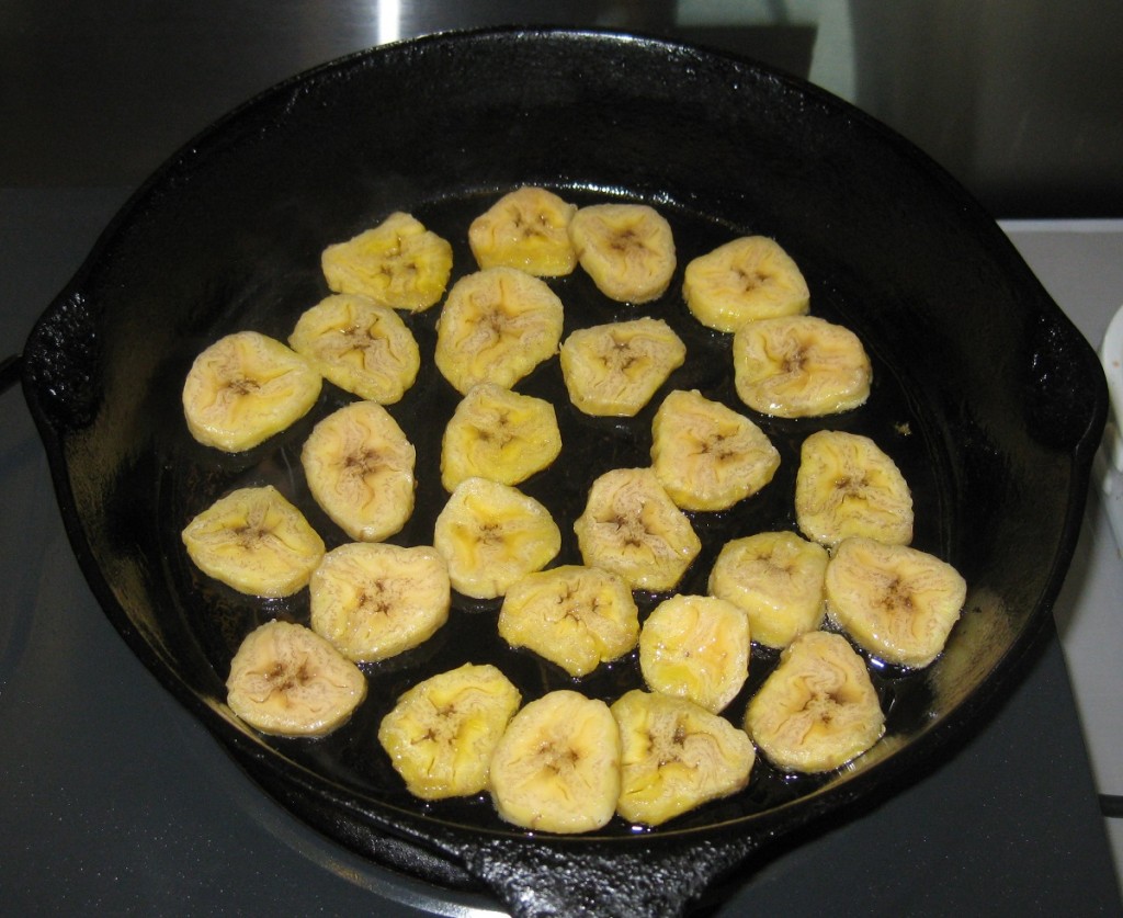 Saute the sliced plantains in oil until golden brown